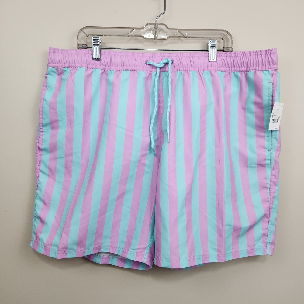 New! MAD ENGINE Men's Striped Swim Shorts Trunks Purple Aqua SZ XL Extra Large